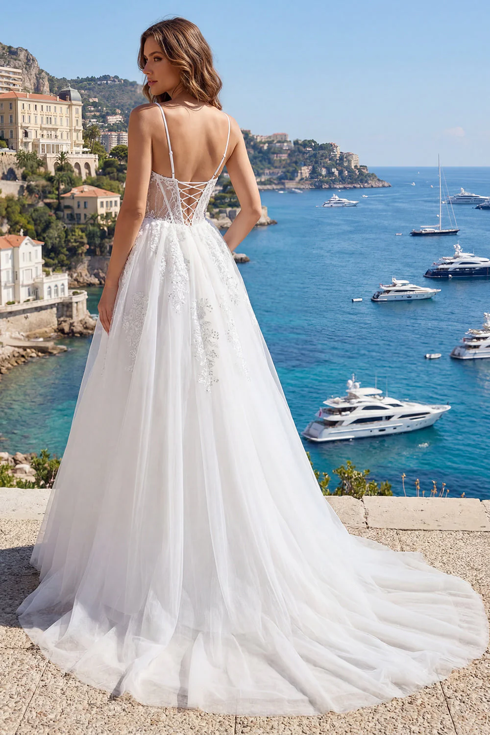 White A Line Spaghetti Straps Corset Tulle Wedding Dress - Image 2