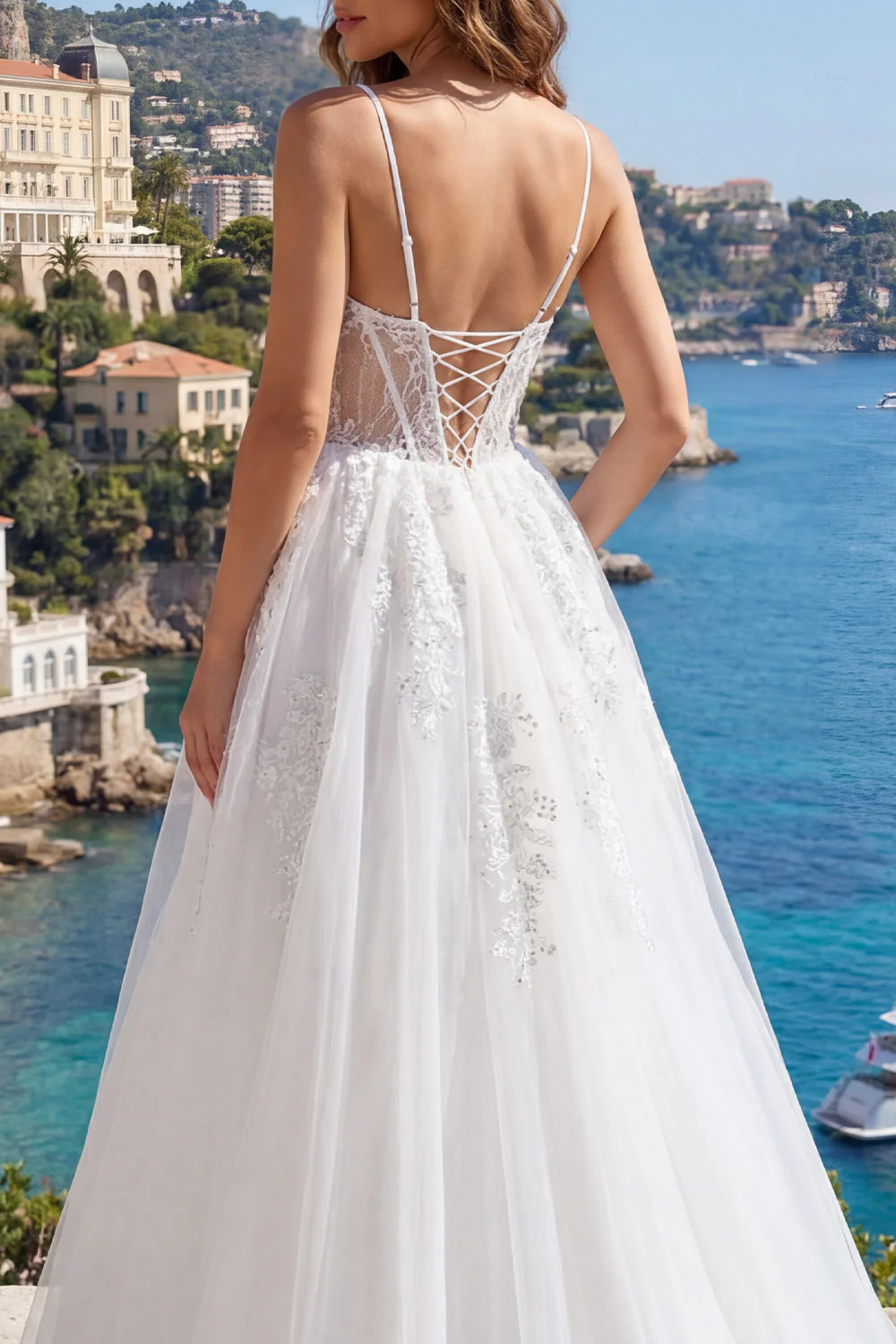 White A Line Spaghetti Straps Corset Tulle Wedding Dress - Image 4