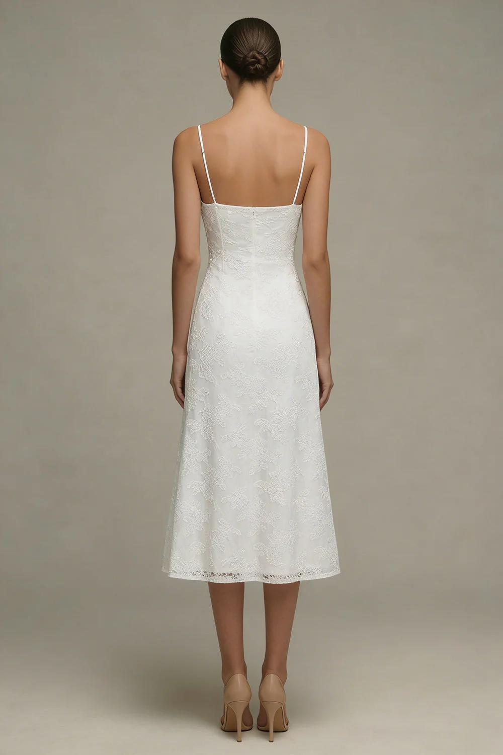 White Spaghetti Straps Lace A Line Midi Engagement Dress - Image 2