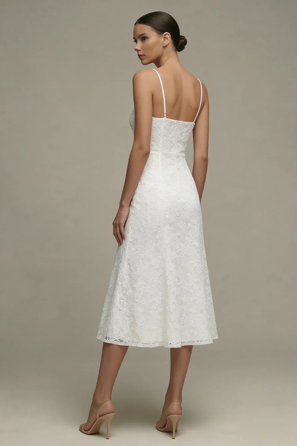 White Spaghetti Straps Lace A Line Midi Engagement Dress - Image 3