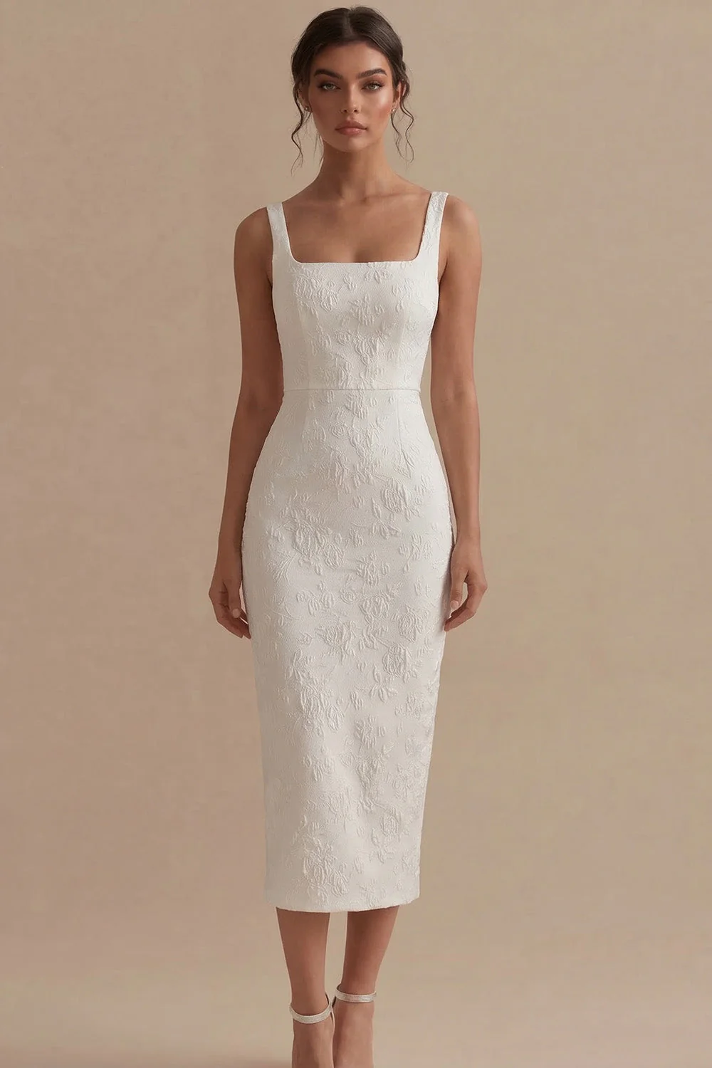 White Square Neck Jacquard Sheath Engagement Dress