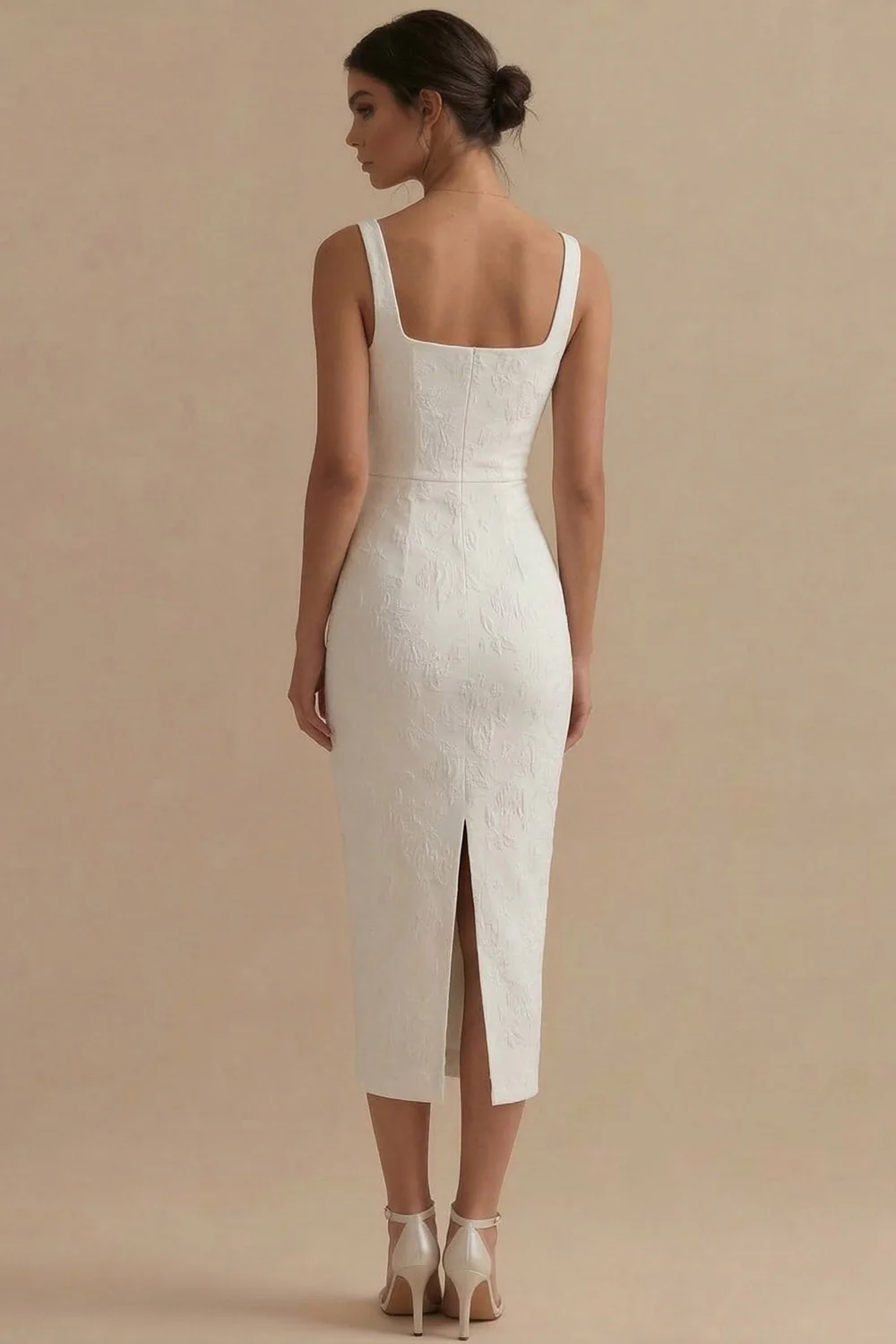 White Square Neck Jacquard Sheath Engagement Dress - Image 2