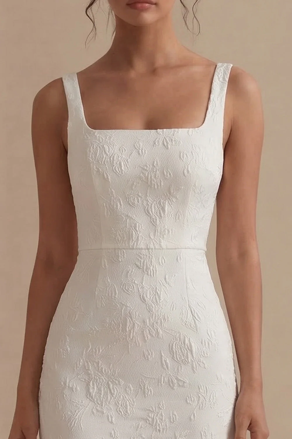 White Square Neck Jacquard Sheath Engagement Dress - Image 3