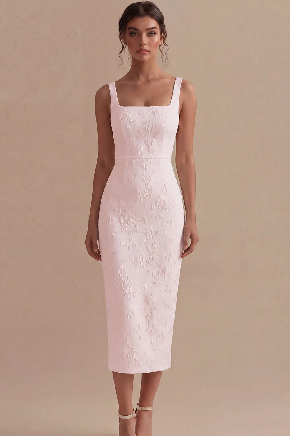 White Square Neck Jacquard Sheath Engagement Dress - Image 6