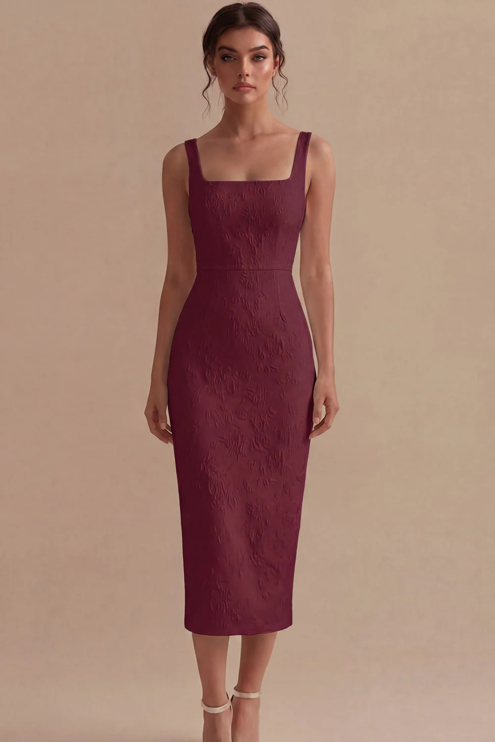White Square Neck Jacquard Sheath Engagement Dress - Image 7