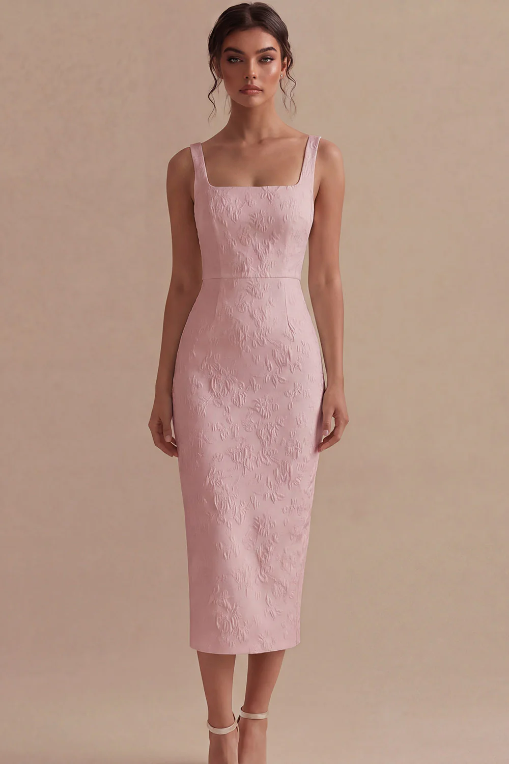 White Square Neck Jacquard Sheath Engagement Dress - Image 8
