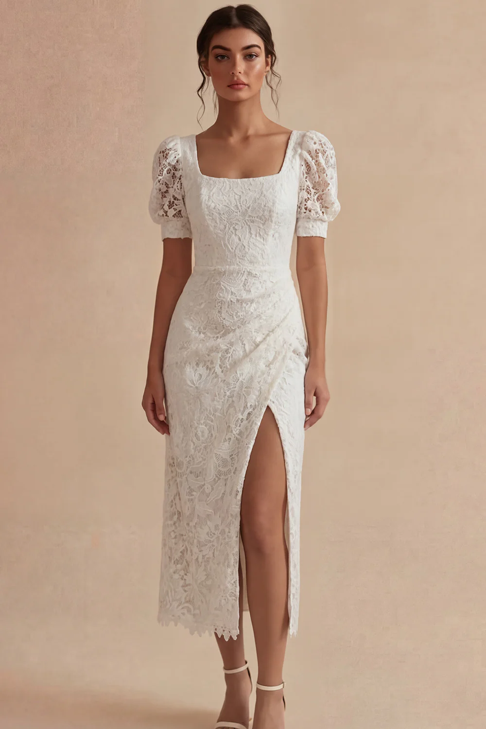 White Sheath Square Neck Lace Puff Sleeves Engagement Dress with Slit