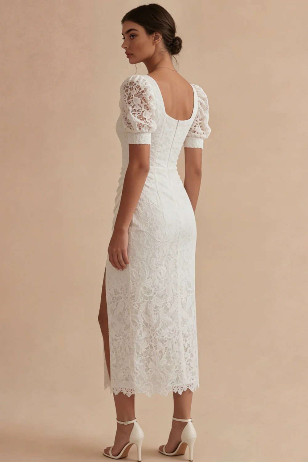 White Sheath Square Neck Lace Puff Sleeves Engagement Dress with Slit - Image 2