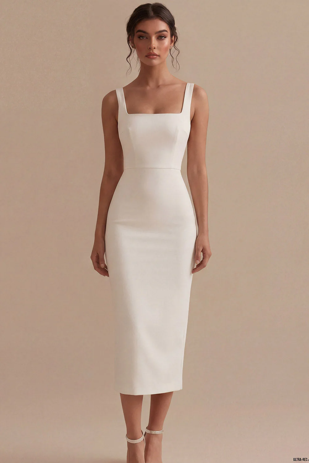 White Square Neck Satin Sheath Midi Engagement Dress