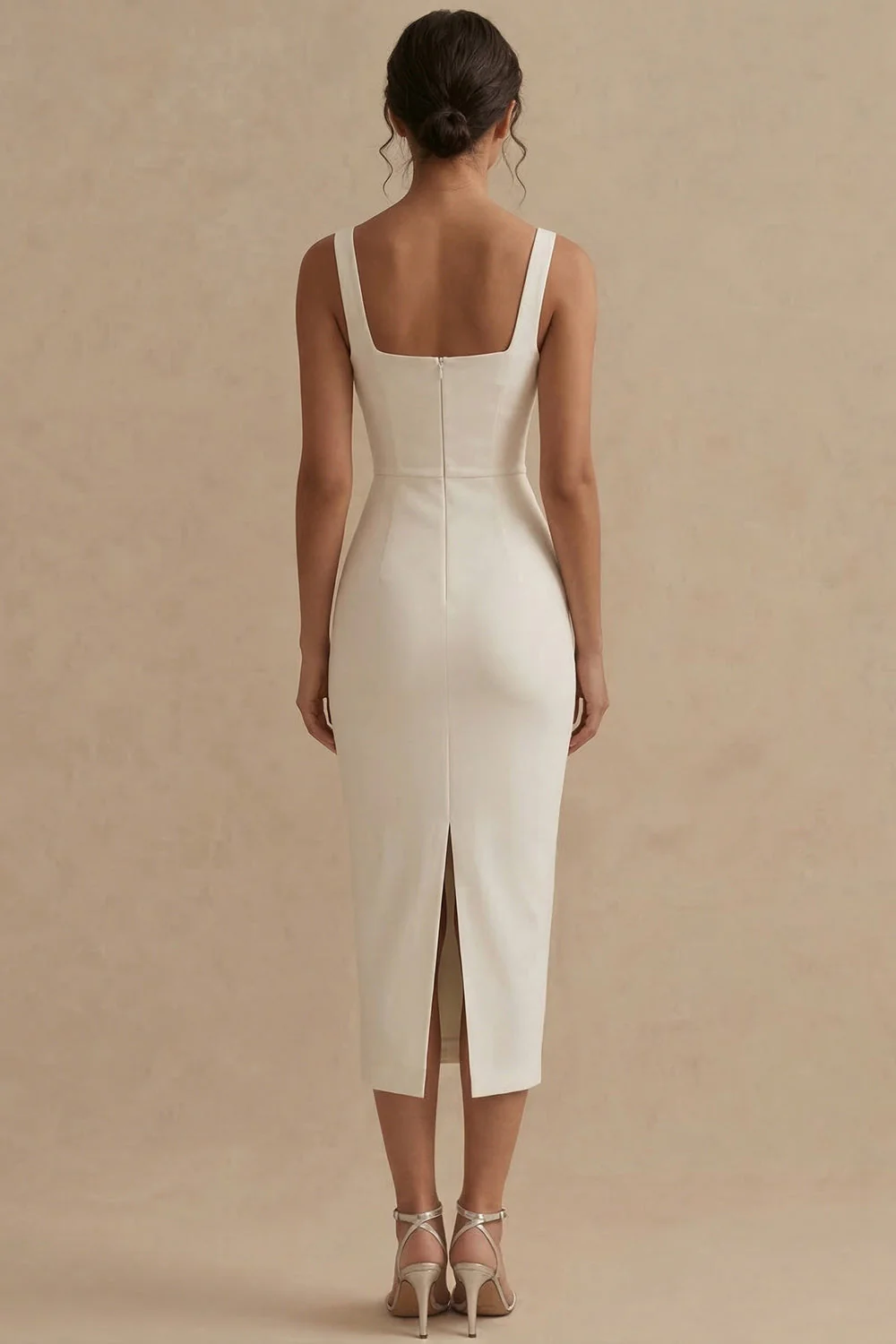 White Square Neck Satin Sheath Midi Engagement Dress - Image 2