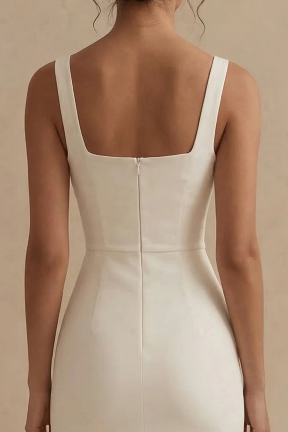 White Square Neck Satin Sheath Midi Engagement Dress - Image 3