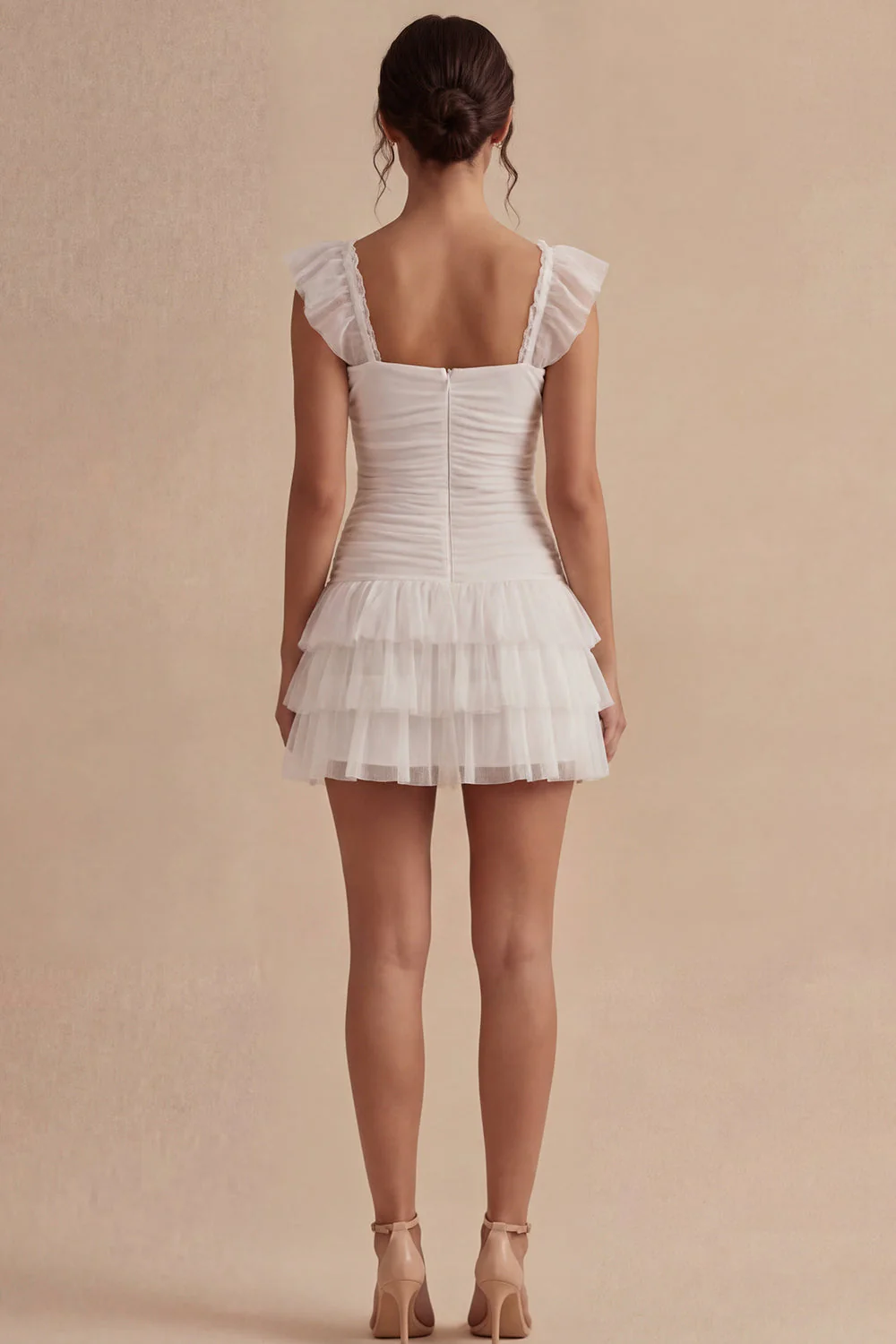 White A Line Ruched Square Neck Short Graduation Dress with Ruffles - Image 2