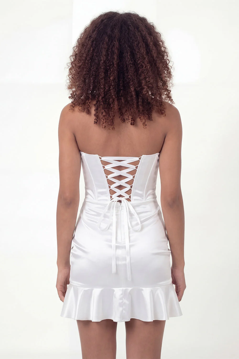 Sweetheart Satin Corset Ruched Little White Dress with Ruffles - Image 2