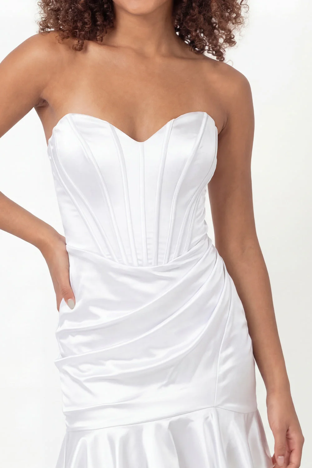 Sweetheart Satin Corset Ruched Little White Dress with Ruffles - Image 4