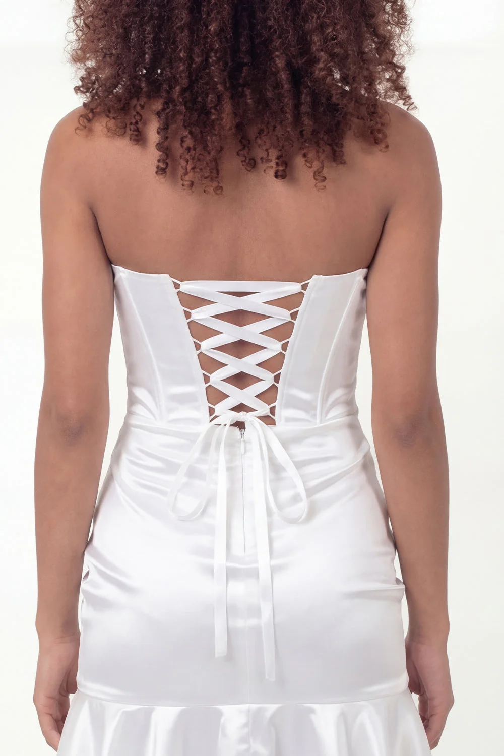 Sweetheart Satin Corset Ruched Little White Dress with Ruffles - Image 5
