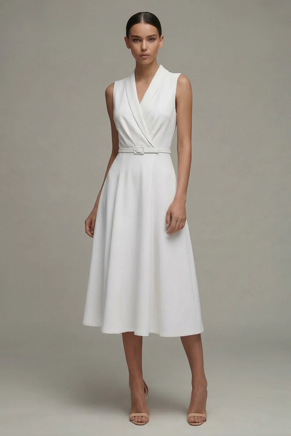 White V-Neck Sleeveless Ruched A Line Midi Work Dress