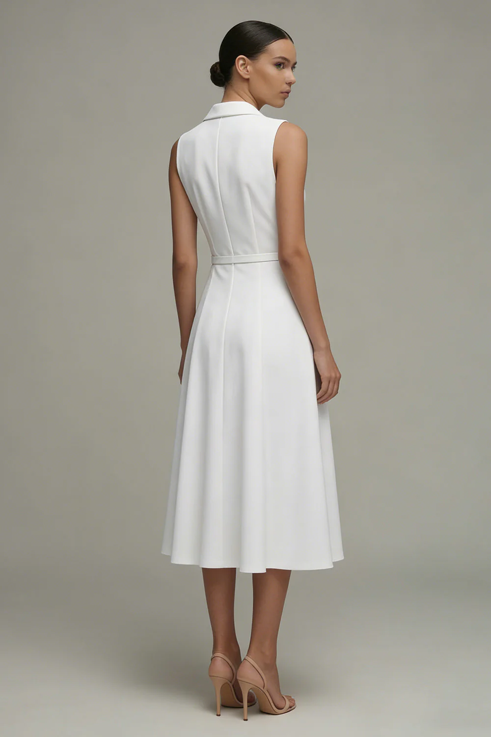 White V-Neck Sleeveless Ruched A Line Midi Work Dress - Image 2