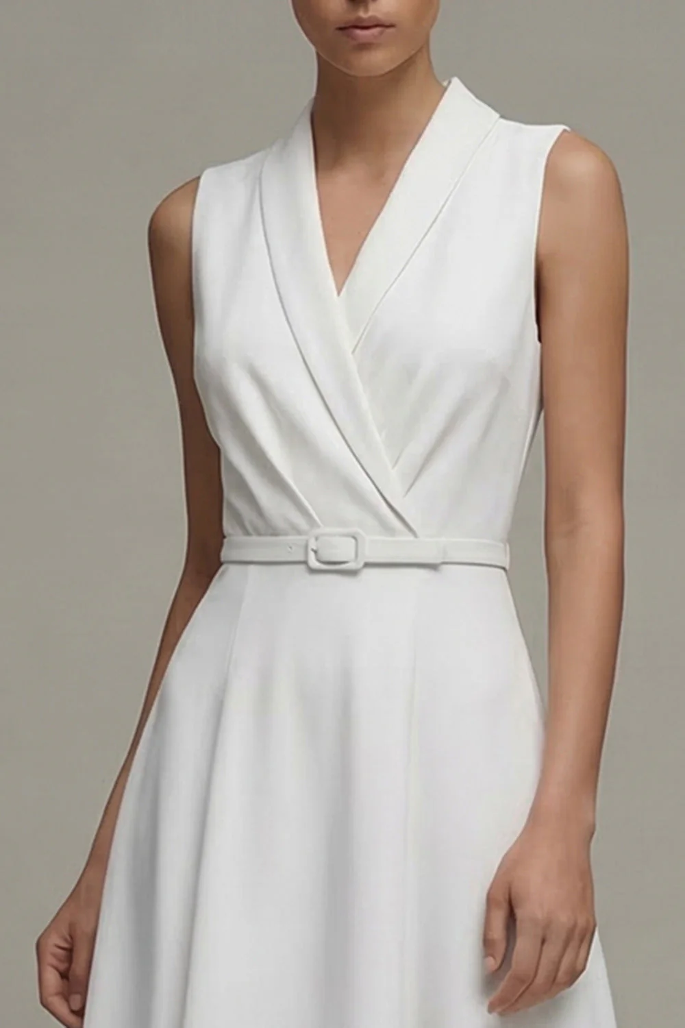 White V-Neck Sleeveless Ruched A Line Midi Work Dress - Image 3