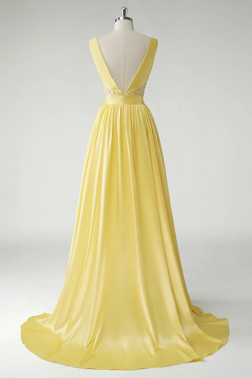 Yellow A Line Deep V-Neck Long Prom Dress - Image 2