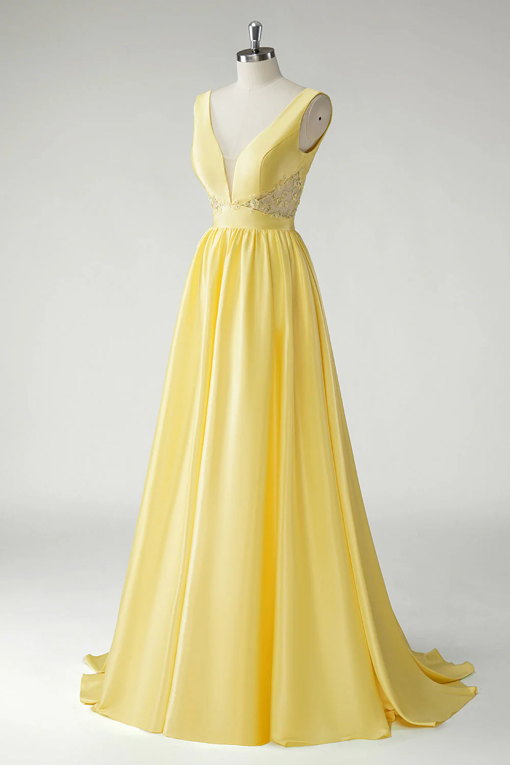 Yellow A Line Deep V-Neck Long Prom Dress - Image 3