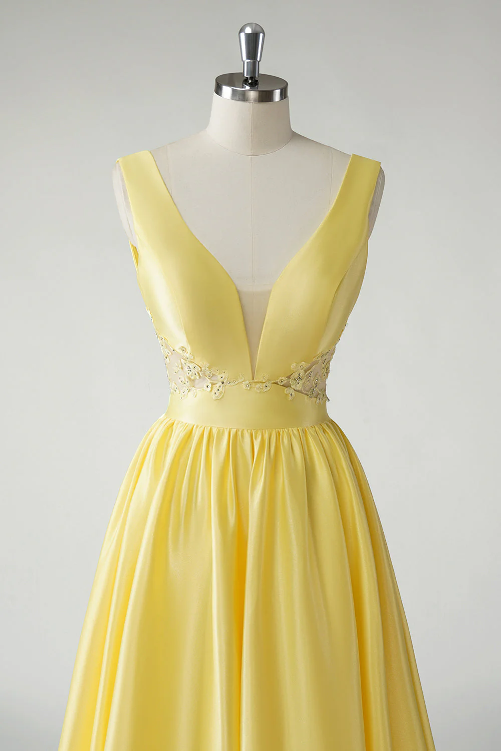 Yellow A Line Deep V-Neck Long Prom Dress - Image 4
