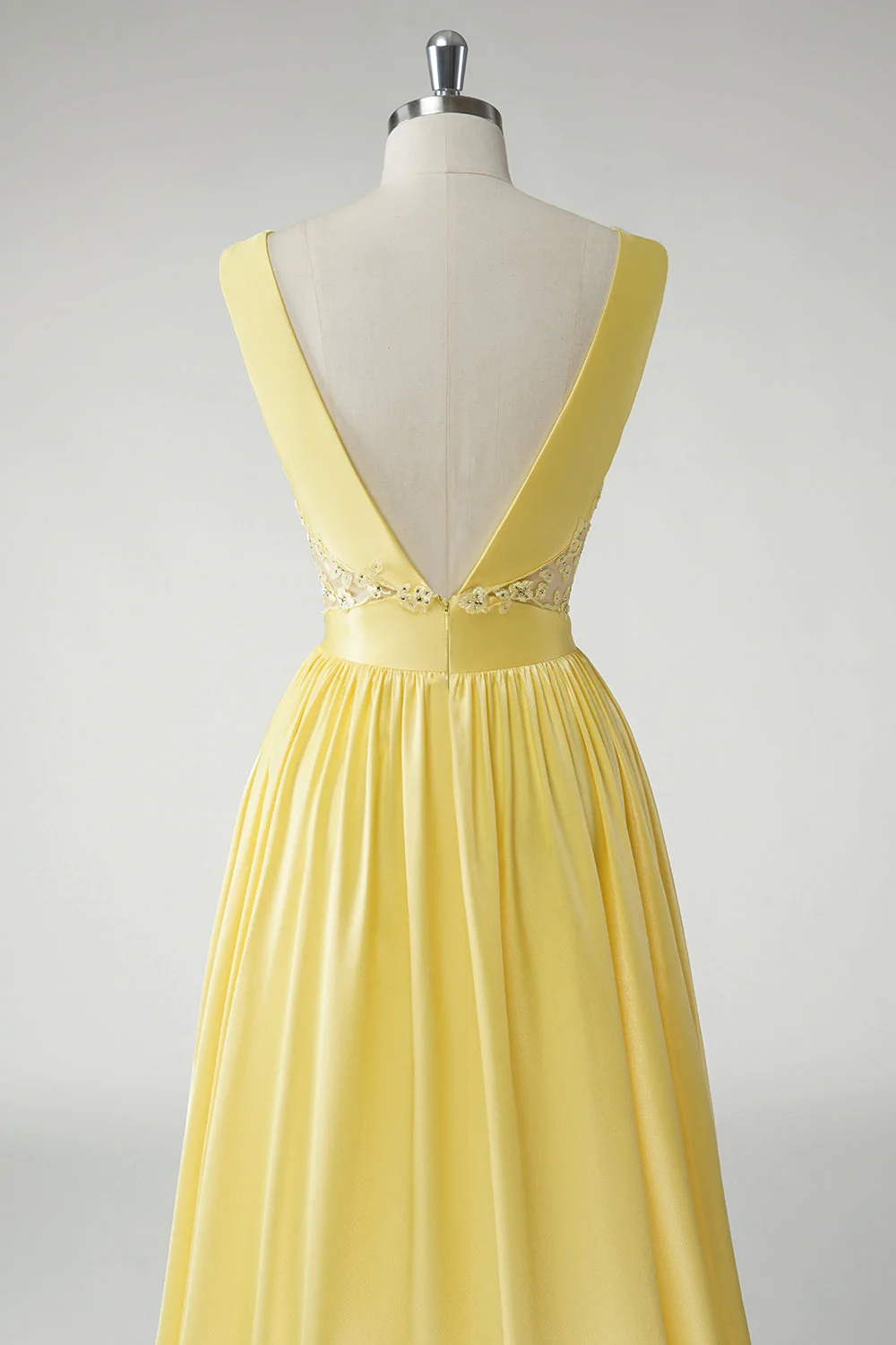 Yellow A Line Deep V-Neck Long Prom Dress - Image 5