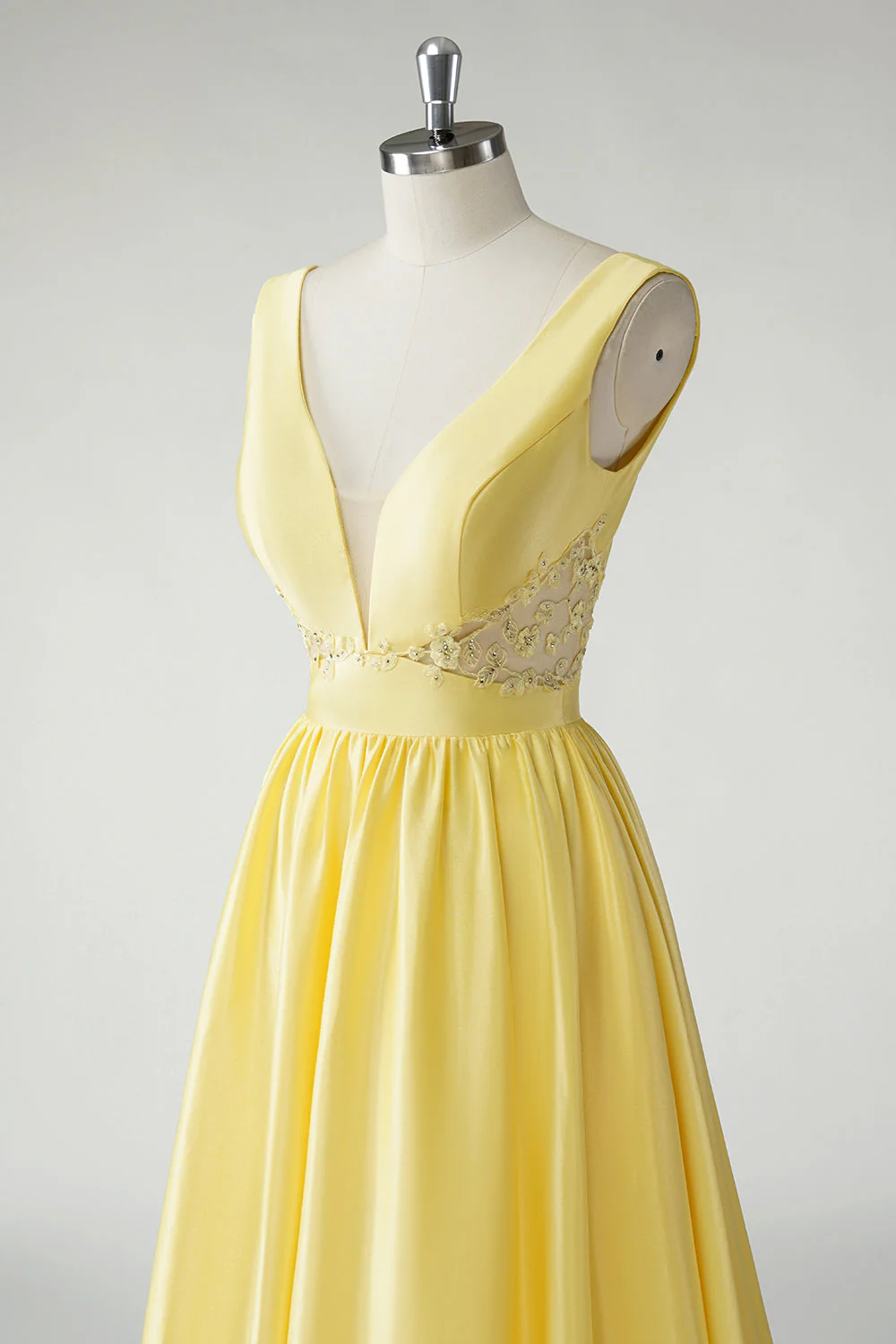 Yellow A Line Deep V-Neck Long Prom Dress - Image 6