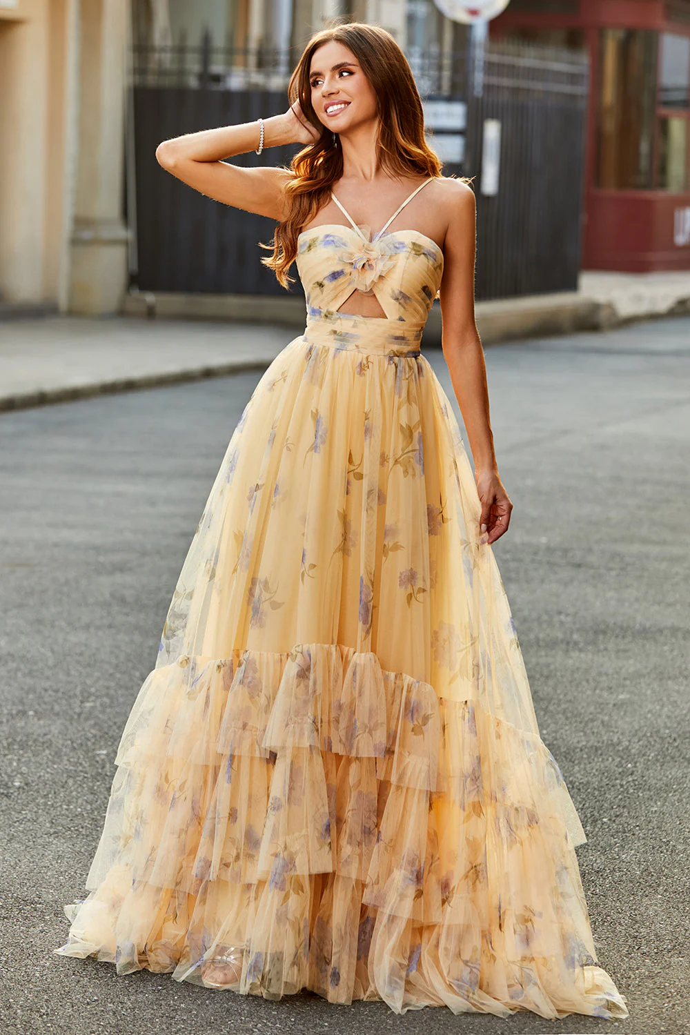Yellow A-Line Halter Pleated Tulle Tiered Prom Dress With Embroidery - Image 3