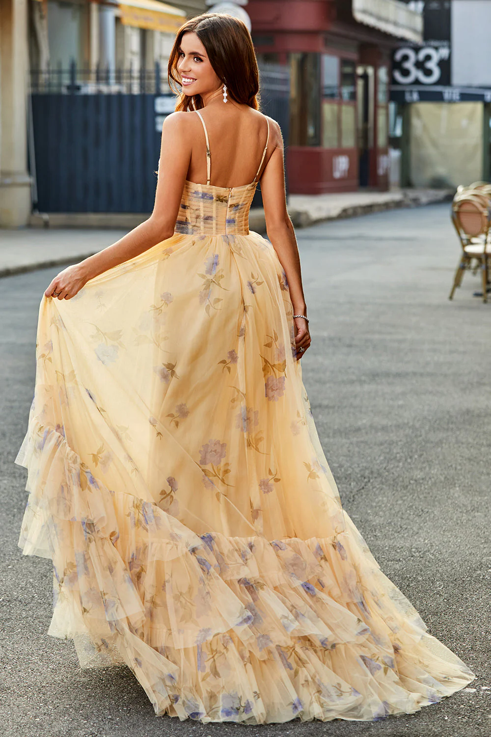 Yellow A-Line Halter Pleated Tulle Tiered Prom Dress With Embroidery - Image 4