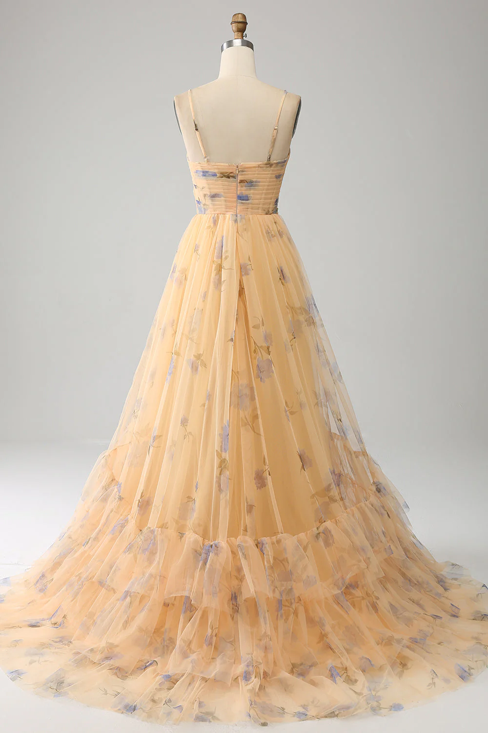 Yellow A-Line Halter Pleated Tulle Tiered Prom Dress With Embroidery - Image 2