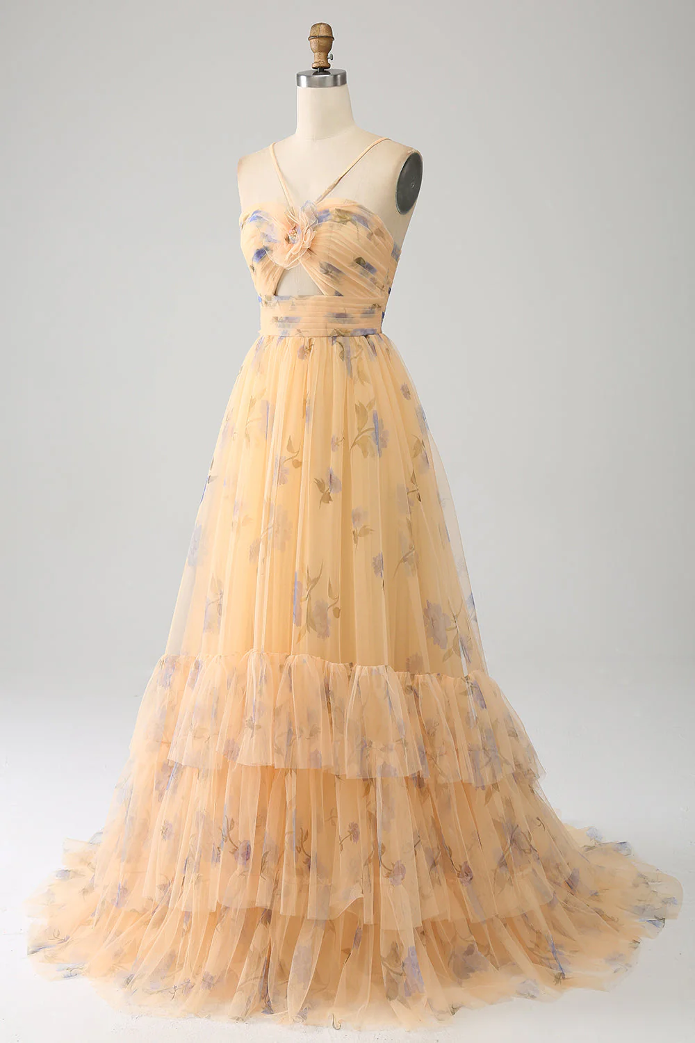 Yellow A-Line Halter Pleated Tulle Tiered Prom Dress With Embroidery - Image 5