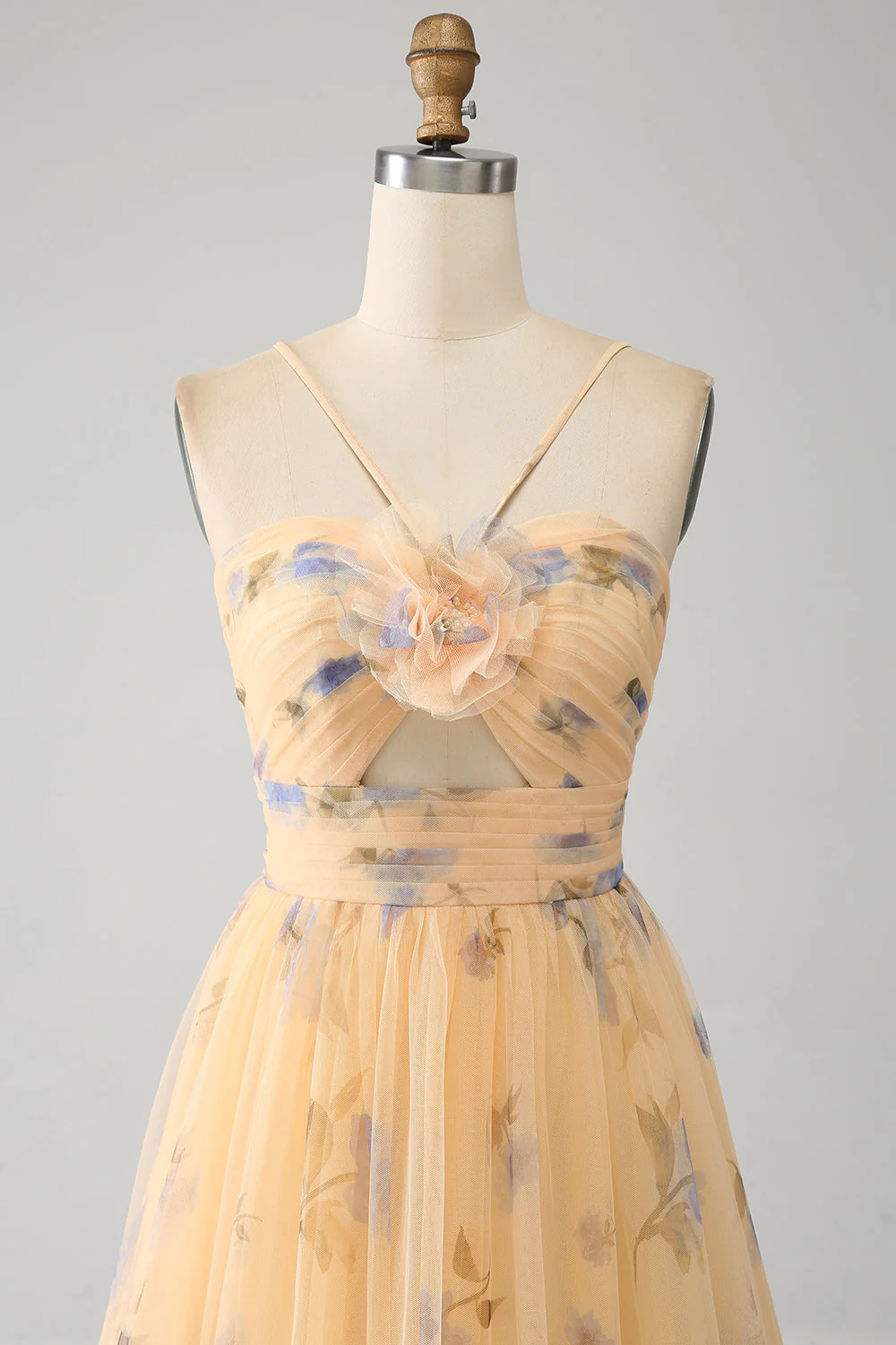 Yellow A-Line Halter Pleated Tulle Tiered Prom Dress With Embroidery - Image 6
