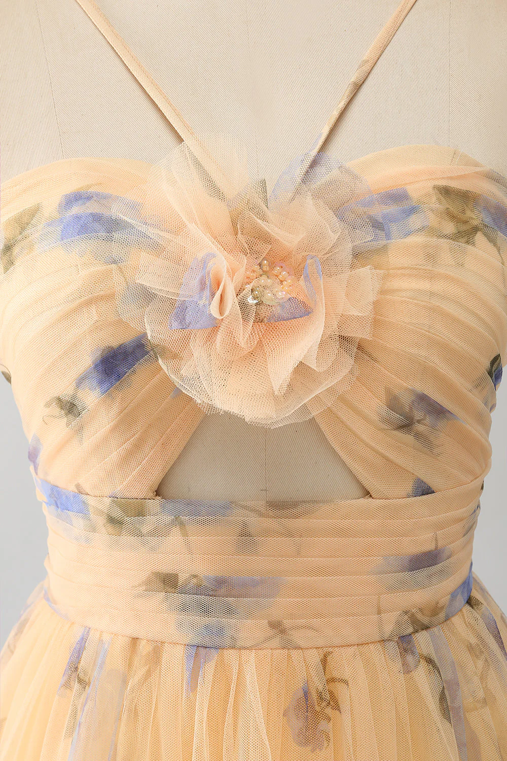 Yellow A-Line Halter Pleated Tulle Tiered Prom Dress With Embroidery - Image 9
