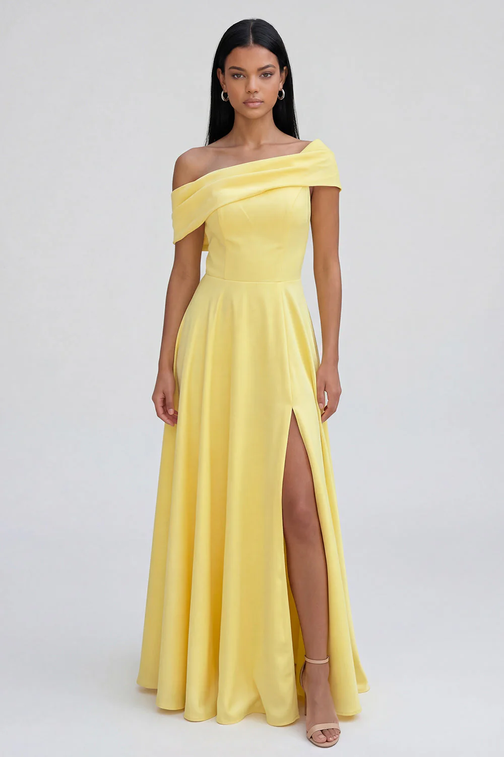 Yellow A-Line One Shoulder Maxi Dress with Slit - Image 3