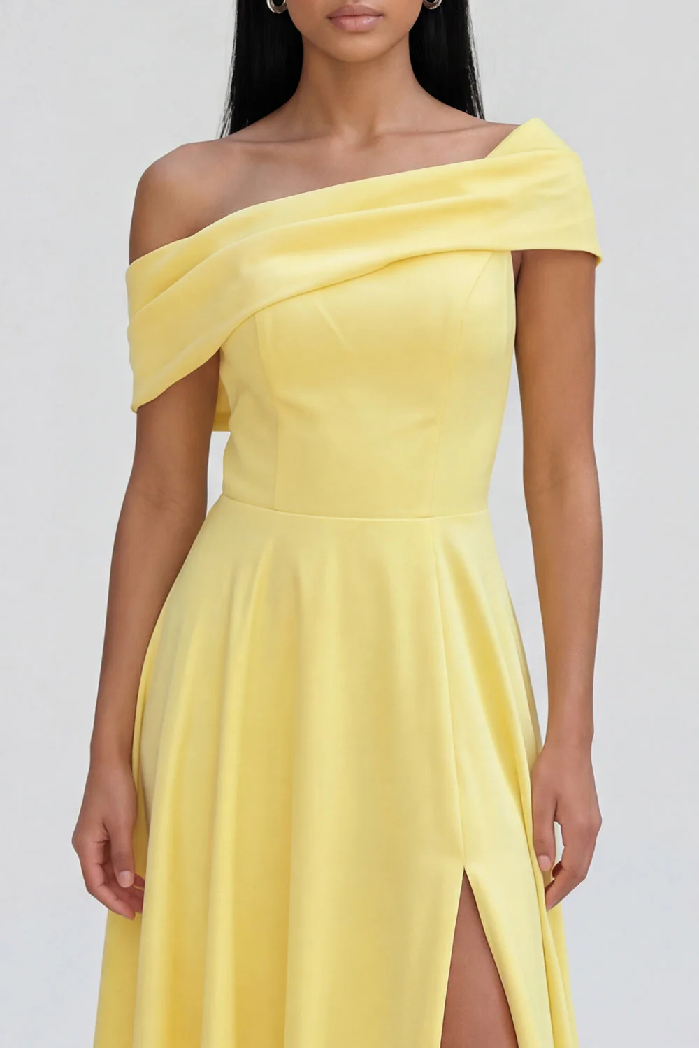 Yellow A-Line One Shoulder Maxi Dress with Slit - Image 4