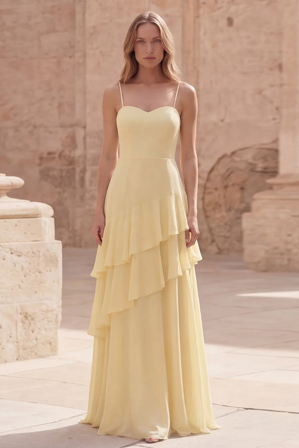 Yellow A Line Lace Up Back Long Bridesmaid Dress with Ruffles
