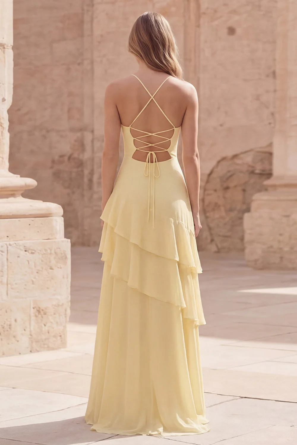 Yellow A Line Lace Up Back Long Bridesmaid Dress with Ruffles - Image 2