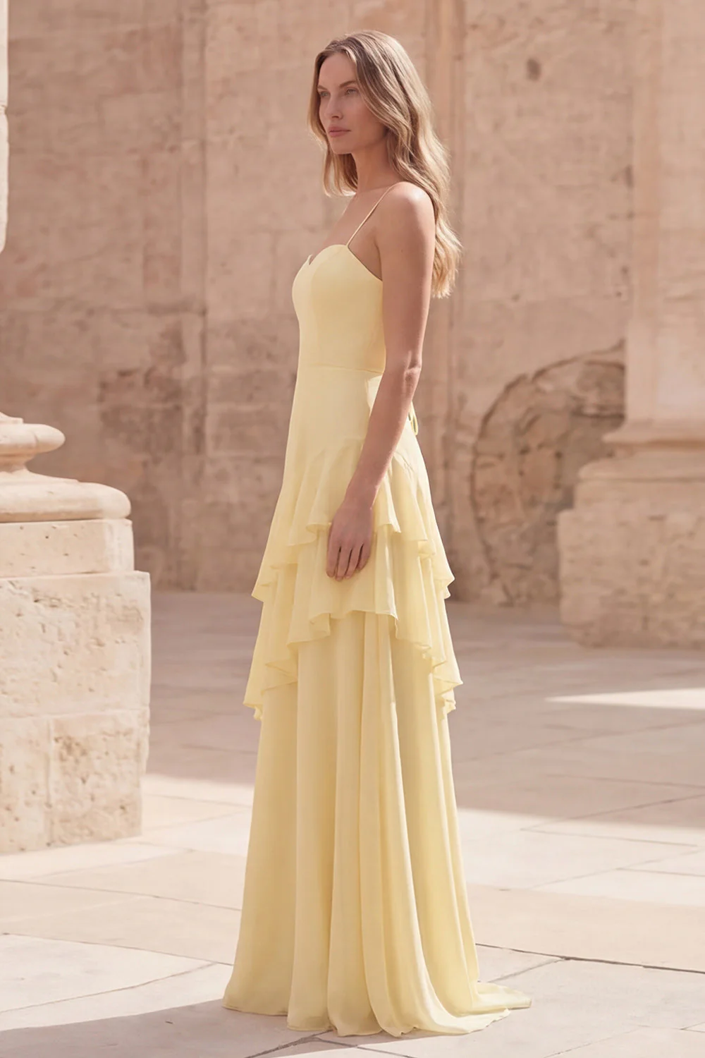 Yellow A Line Lace Up Back Long Bridesmaid Dress with Ruffles - Image 3