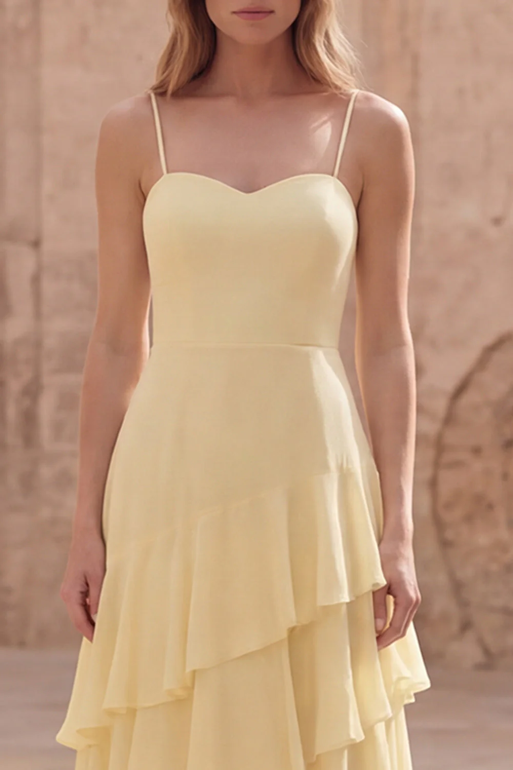 Yellow A Line Lace Up Back Long Bridesmaid Dress with Ruffles - Image 4