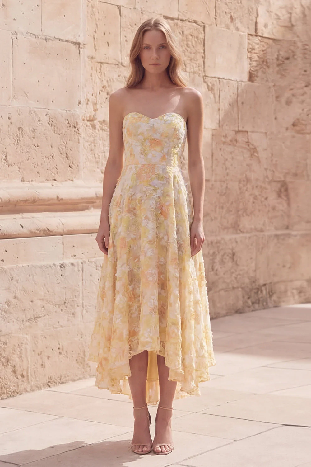 Yellow A-Line Sweetheart Midi Floral Dress