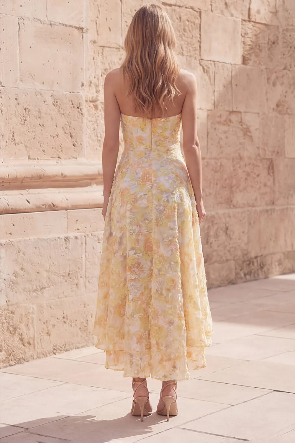 Yellow A-Line Sweetheart Midi Floral Dress - Image 2