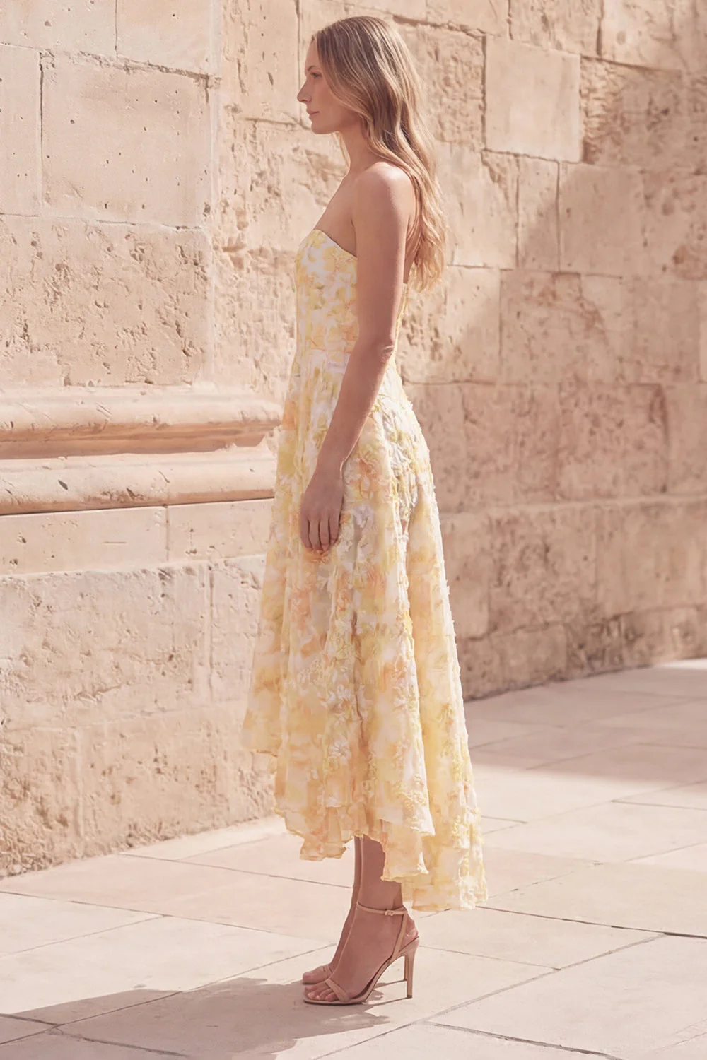 Yellow A-Line Sweetheart Midi Floral Dress - Image 3