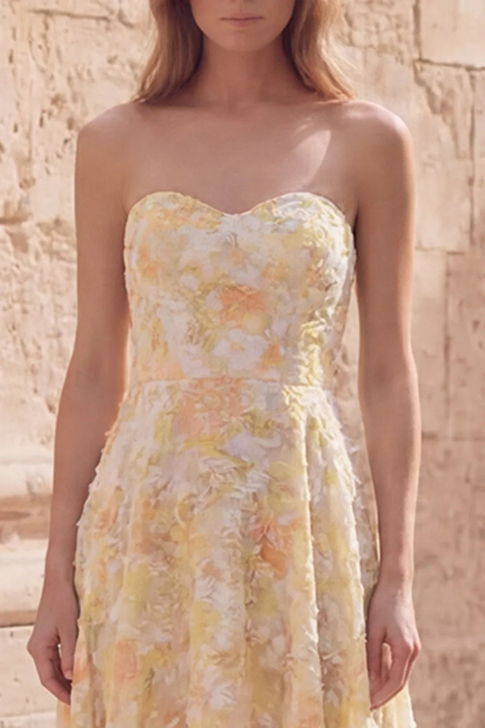 Yellow A-Line Sweetheart Midi Floral Dress - Image 4