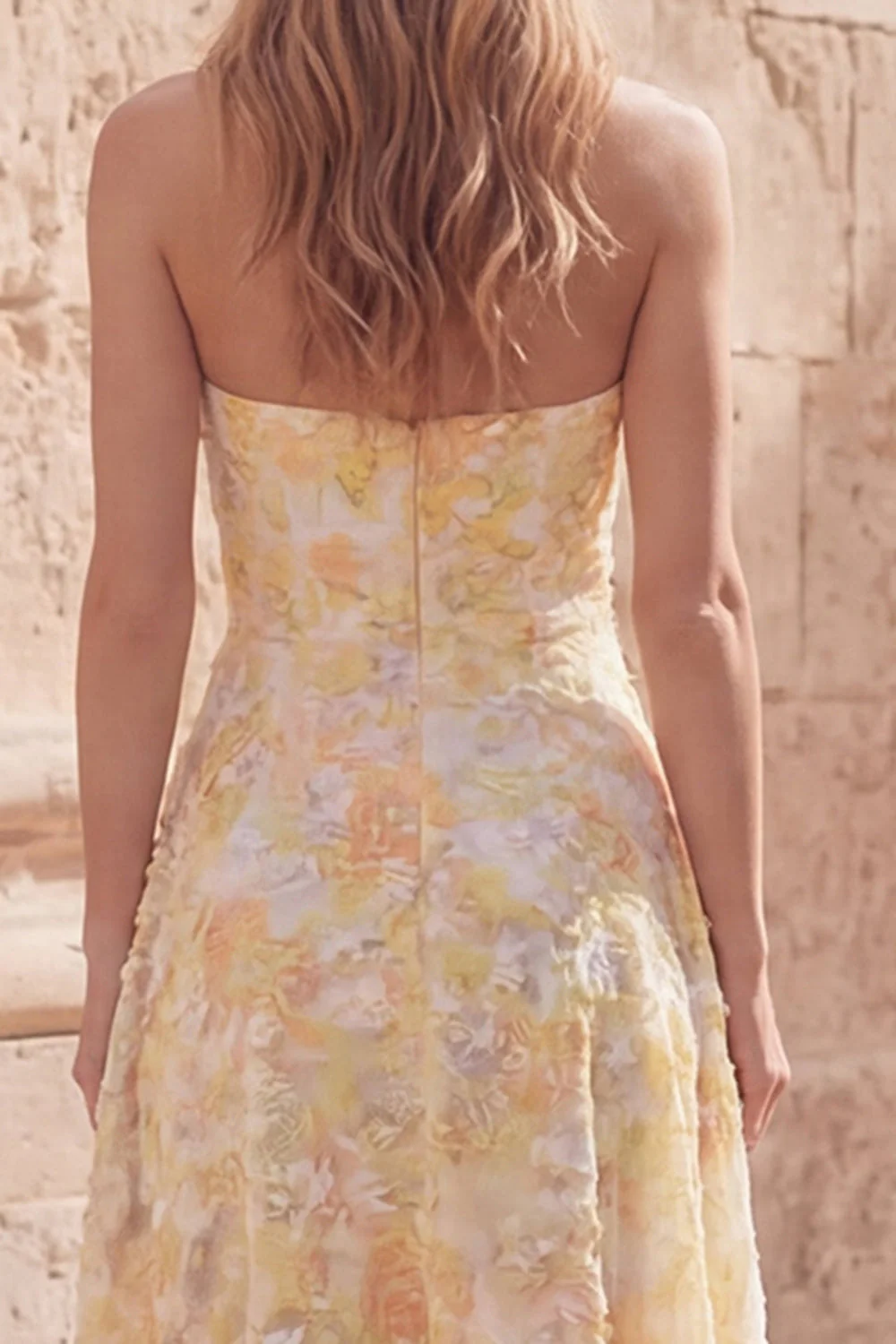Yellow A-Line Sweetheart Midi Floral Dress - Image 5