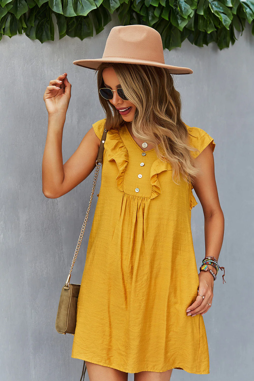 Yellow Button Boho Summer Dress with Ruffles - Image 3