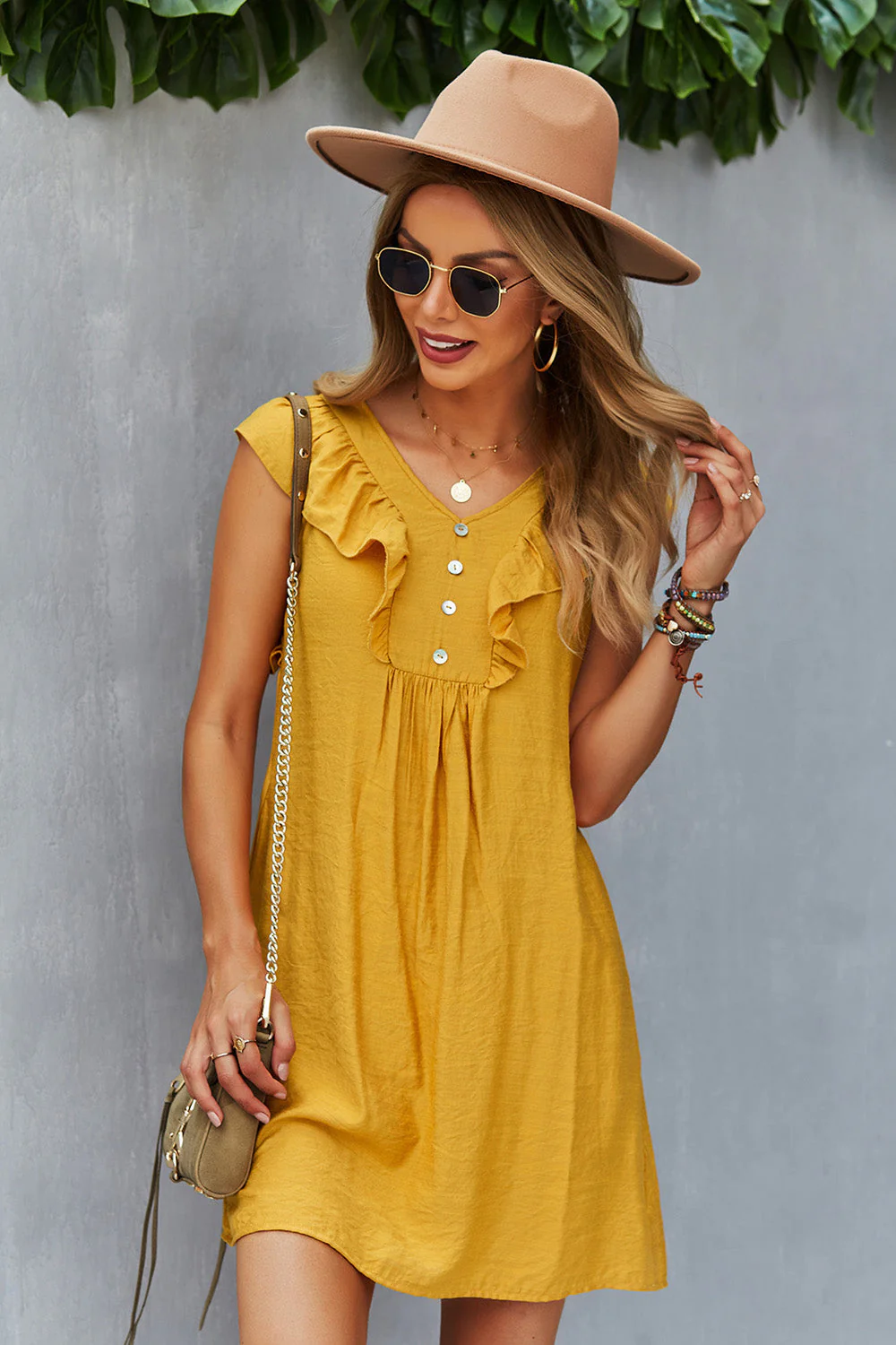 Yellow Button Boho Summer Dress with Ruffles - Image 4