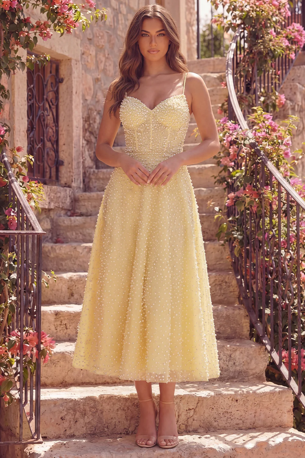 Yellow Corset A Line Spaghetti Straps Prom Dress with Pearls