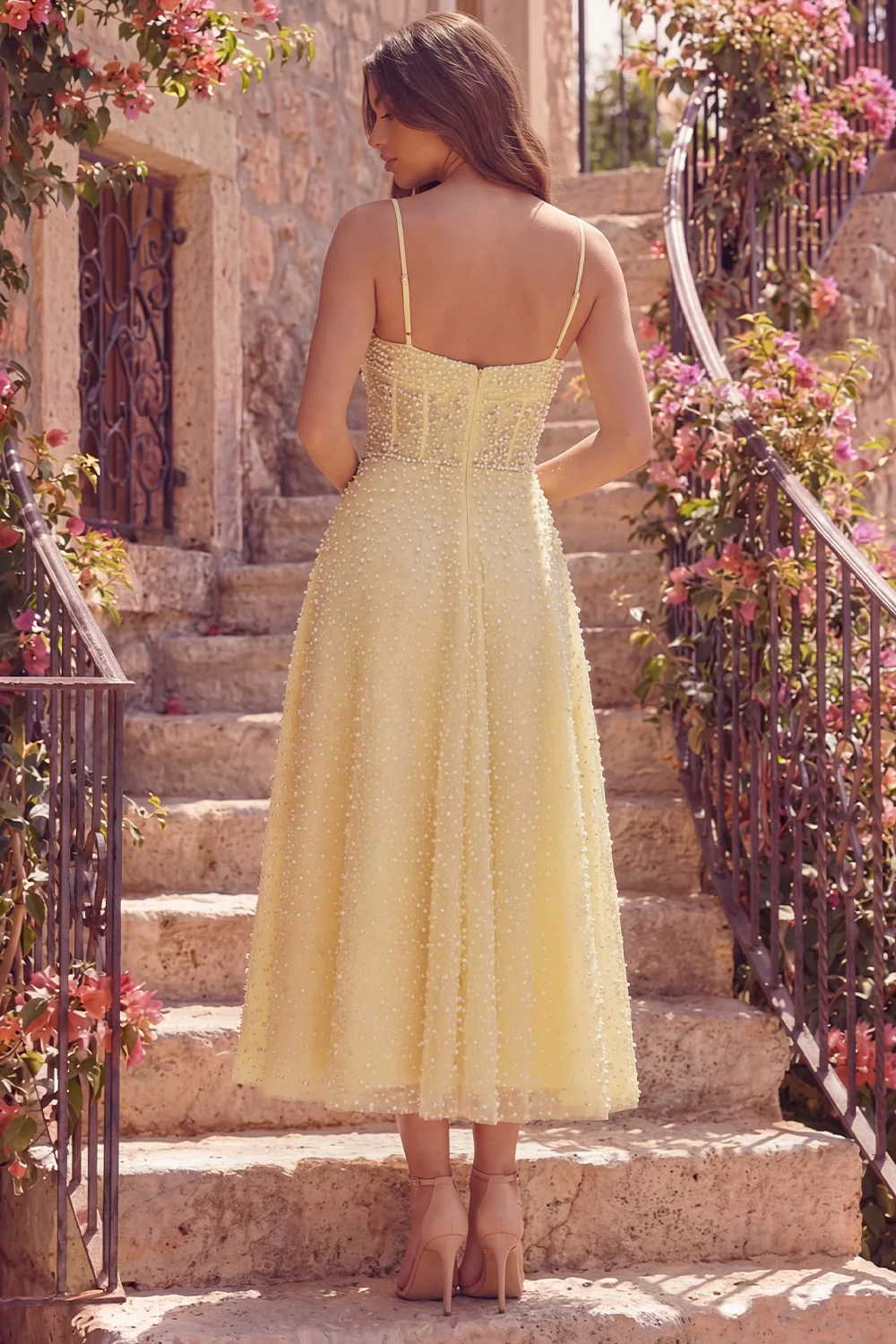 Yellow Corset A Line Spaghetti Straps Prom Dress with Pearls - Image 2