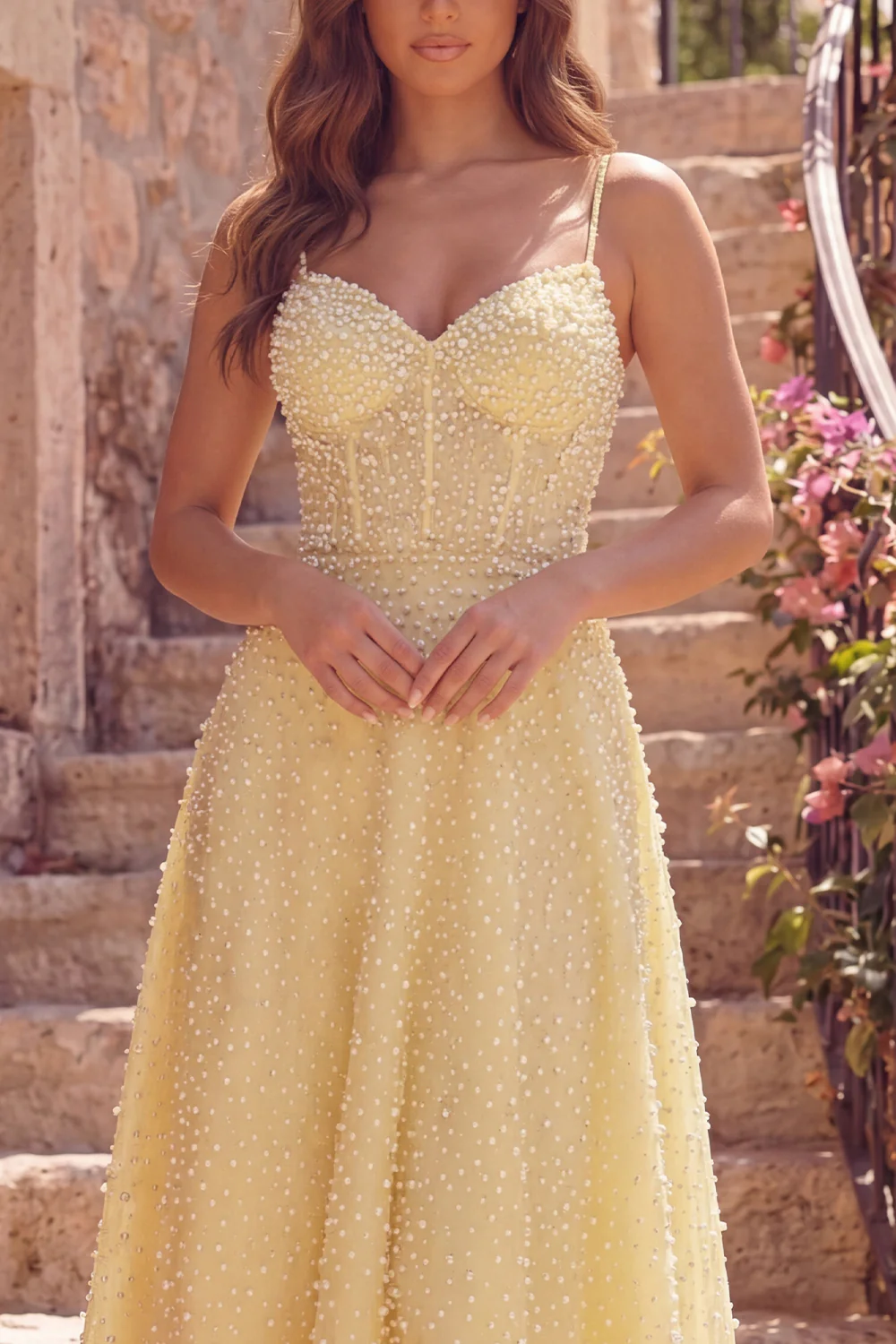 Yellow Corset A Line Spaghetti Straps Prom Dress with Pearls - Image 3