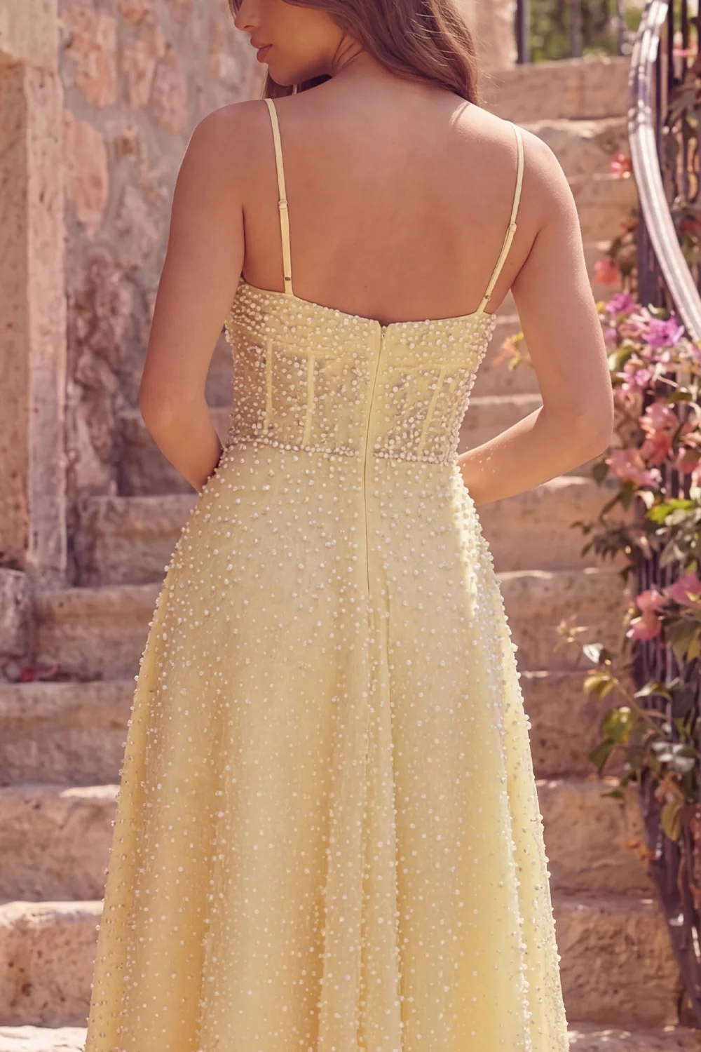 Yellow Corset A Line Spaghetti Straps Prom Dress with Pearls - Image 4